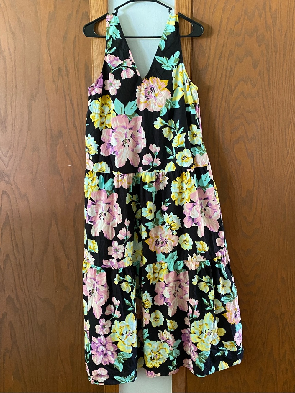 Who What Wear Black Floral Tiered Sundress with Pink & Yellow Blooms